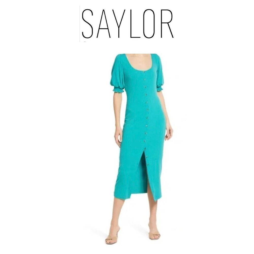 NWT SZ L SAYLOR Malavika Puff Short Sleeve Button Front Rib Knit Midi Dress Reta